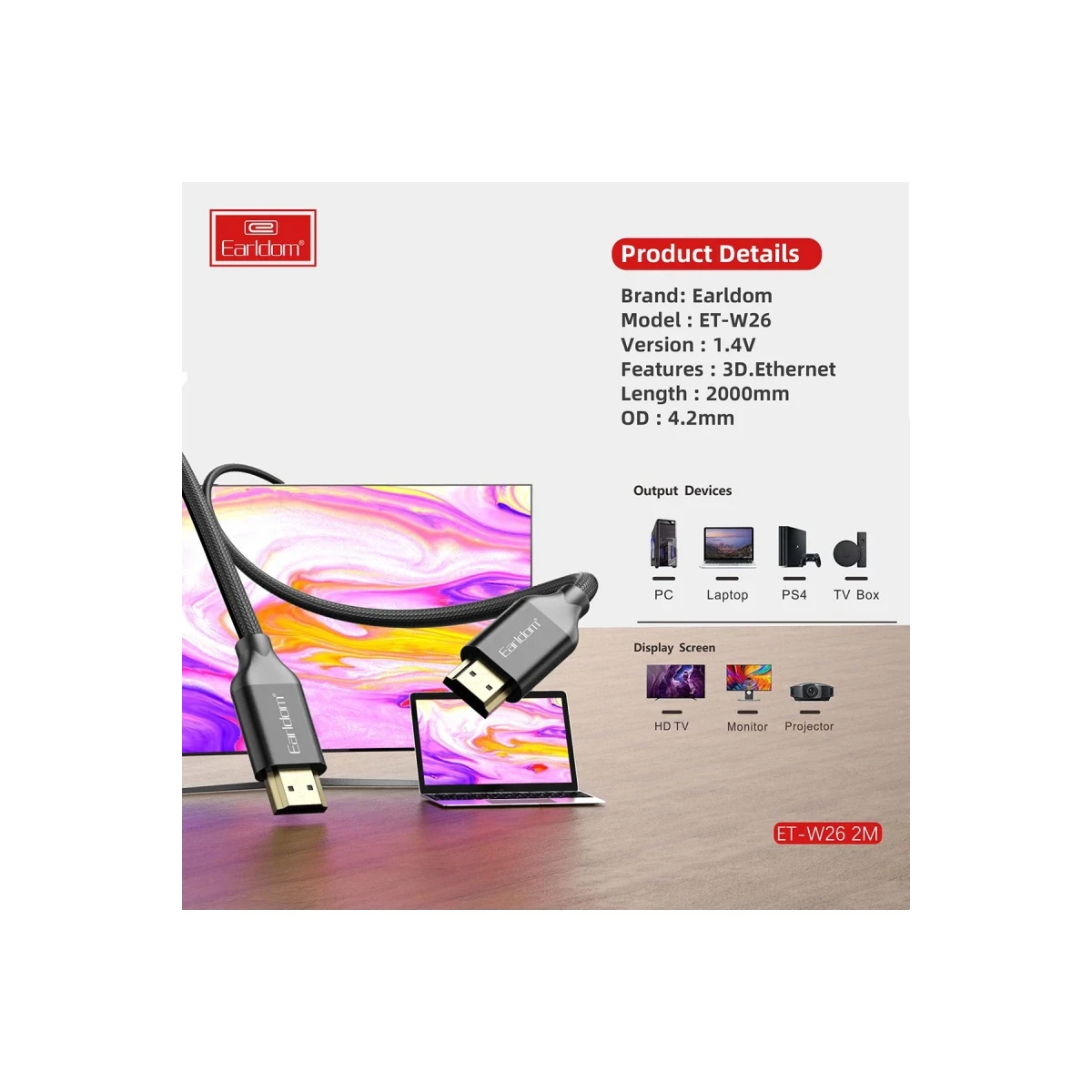 Earldom W26 2m 4K Altın Uçlu Hasır HDMI Kablo - Siyah