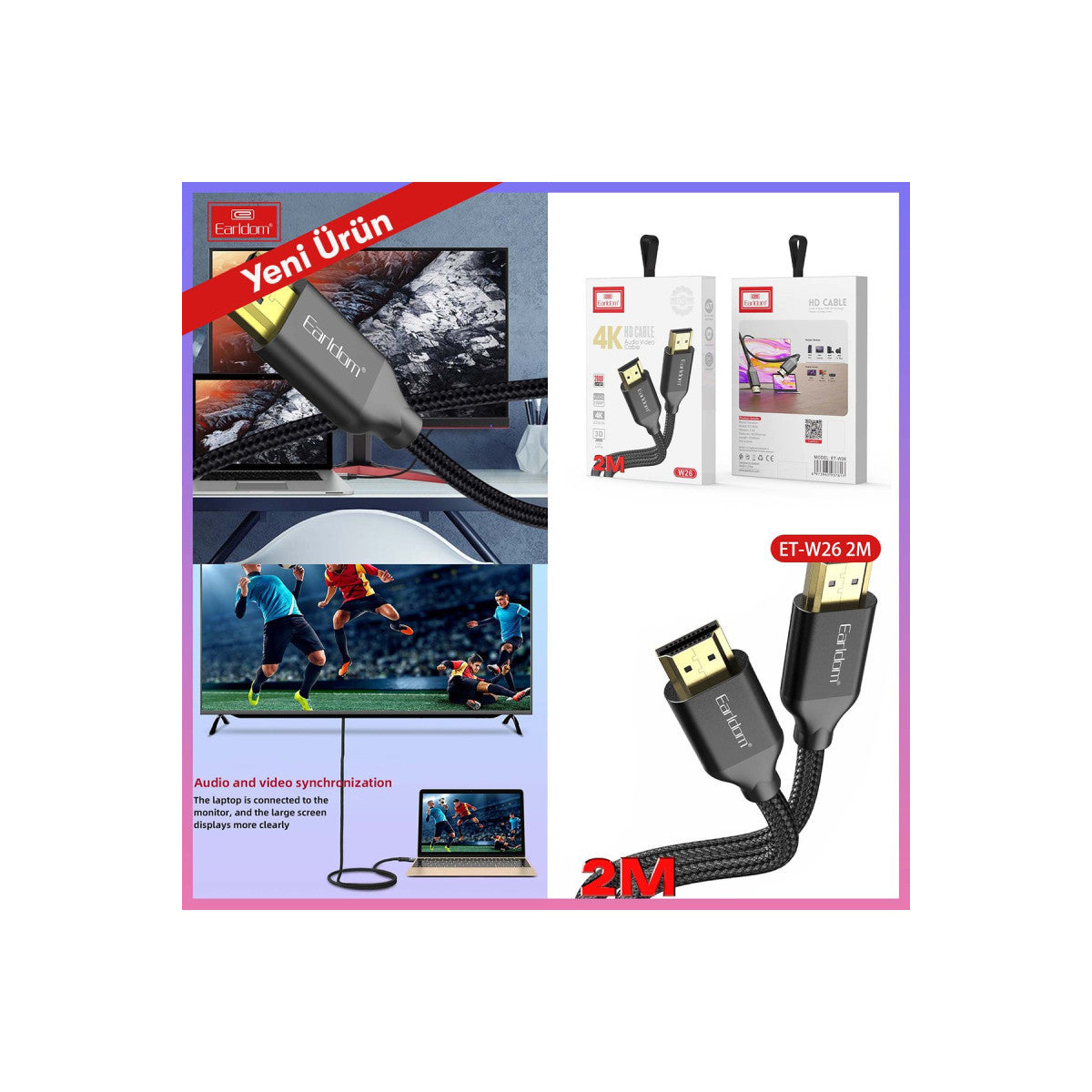 Earldom W26 2m 4K Altın Uçlu Hasır HDMI Kablo