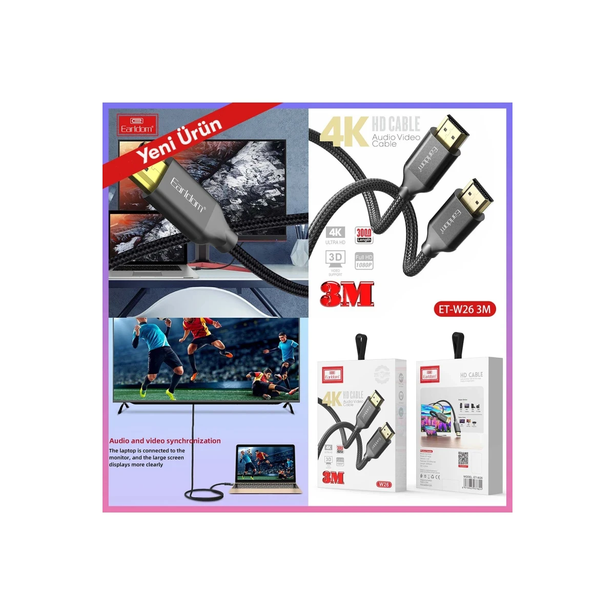 Earldom W26 3M 4K Altın Uçlu Hasır HDMI Kablo - Siyah