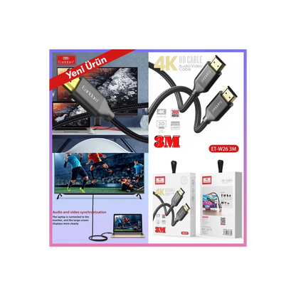 Earldom W26 3M 4K Altın Uçlu Hasır HDMI Kablo - Siyah
