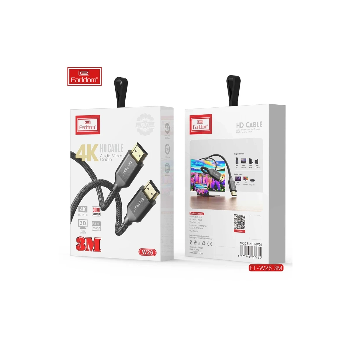 Earldom W26 3M 4K Altın Uçlu Hasır HDMI Kablo - Siyah