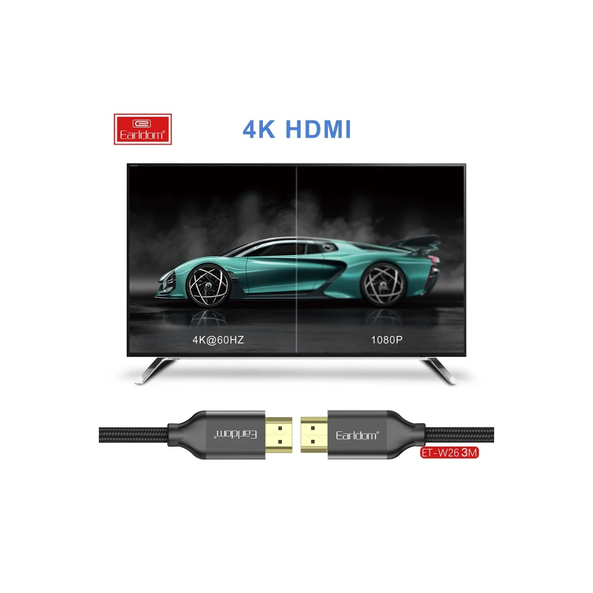 Earldom W26 3M 4K Altın Uçlu Hasır HDMI Kablo - Siyah