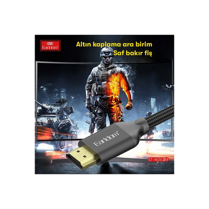 Earldom W26 3M 4K Altın Uçlu Hasır HDMI Kablo - Siyah