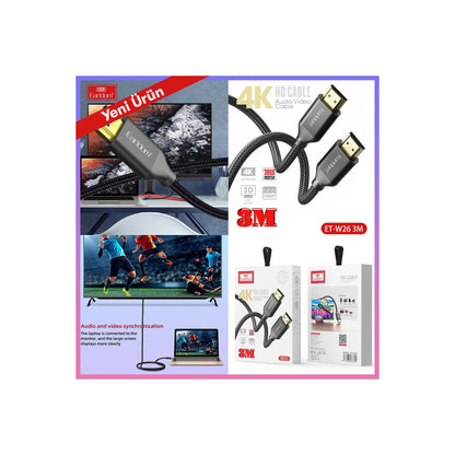 Earldom W26 3M 4K Altın Uçlu Hasır HDMI Kablo
