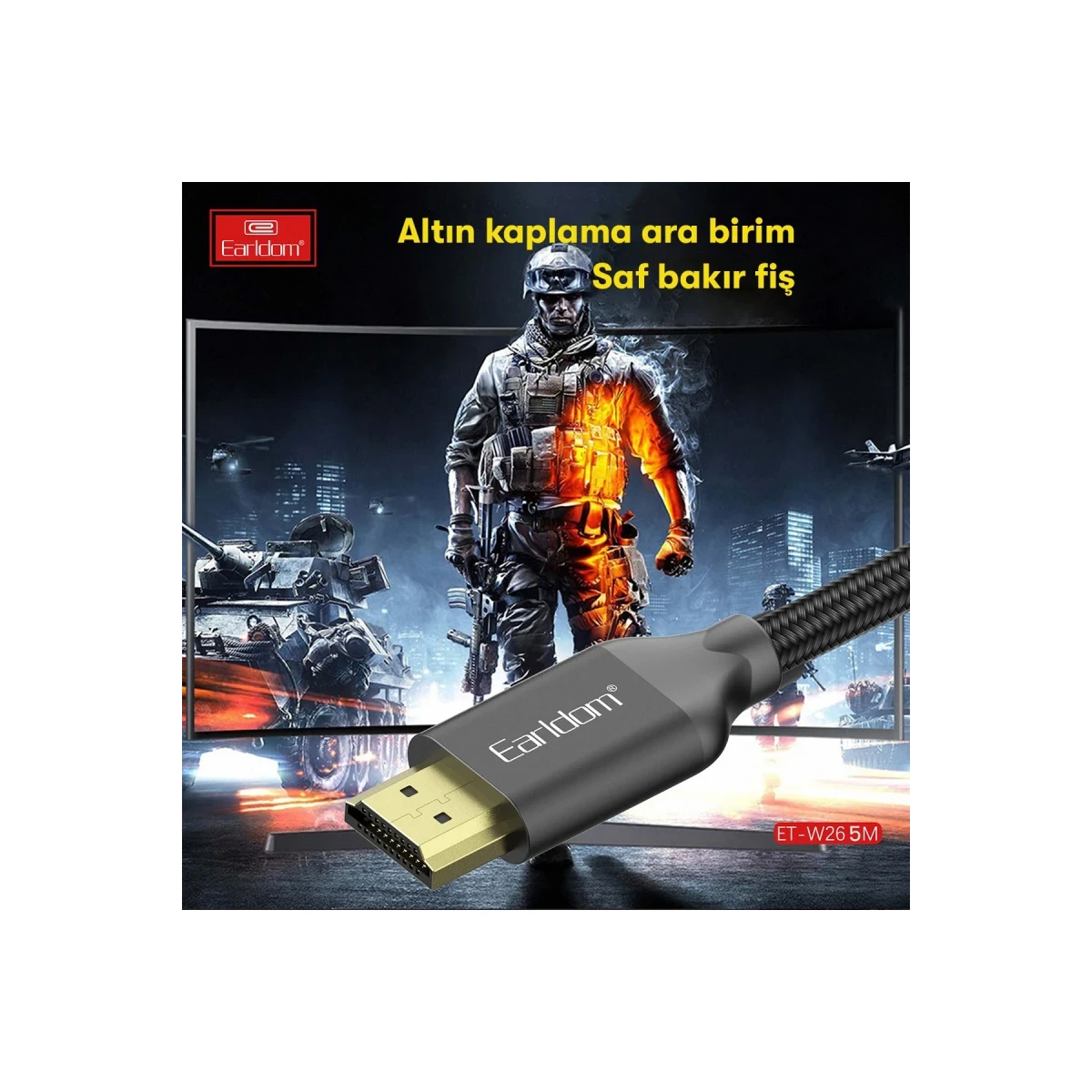 Earldom W26 5M 4K Altın Uçlu Hasır HDMI Kablo - Siyah