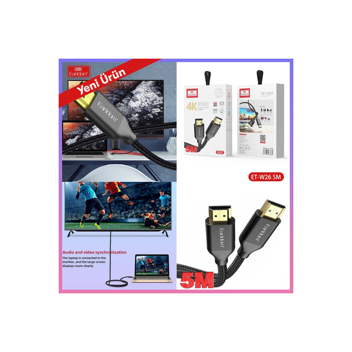 Earldom W26 5M 4K Altın Uçlu Hasır HDMI Kablo