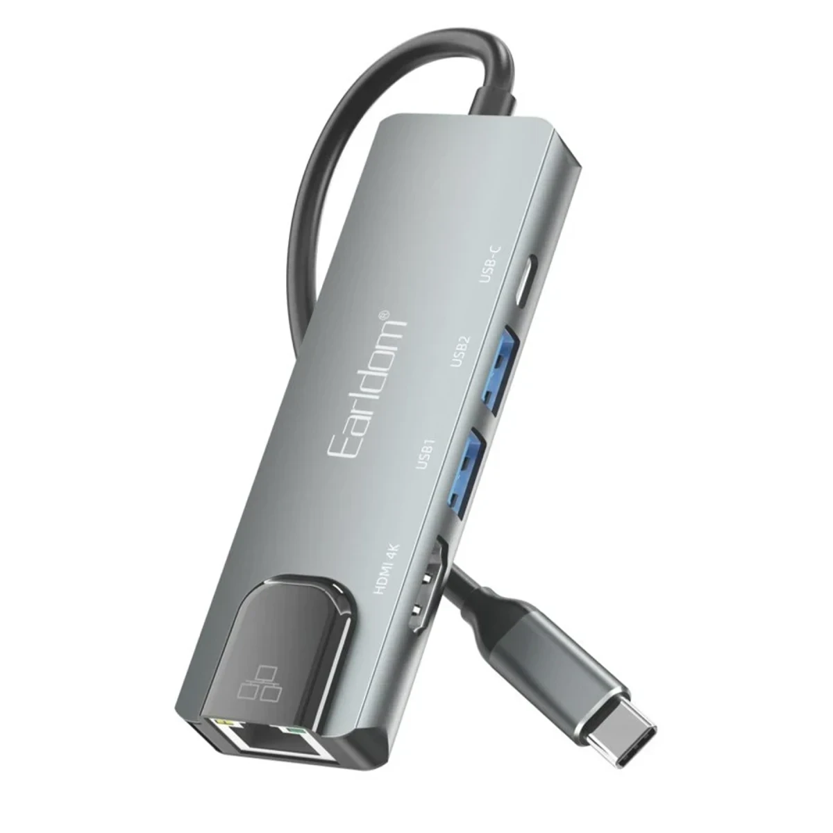 Earldom W27 5in1 1 Adet 4K HDMI / 2 Adet USB / 1 Adet Type-C Çıkışlı / 1 Adet RJ45 100 Mbps Ethernet Çıkışlı Type-C Girişli Hub Dönüştürücü - Gri