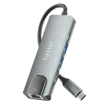 Earldom W27 5in1 1 Adet 4K HDMI / 2 Adet USB / 1 Adet Type-C Çıkışlı / 1 Adet RJ45 100 Mbps Ethernet Çıkışlı Type-C Girişli Hub Dönüştürücü - Gri