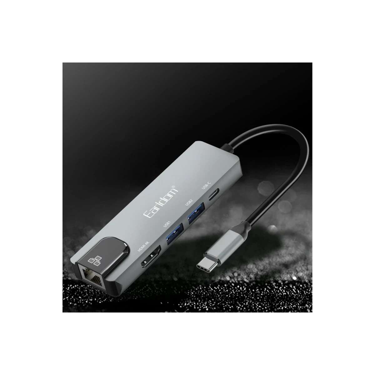 Earldom W27 5in1 1 Adet 4K HDMI / 2 Adet USB / 1 Adet Type-C Çıkışlı / 1 Adet RJ45 100 Mbps Ethernet Çıkışlı Type-C Girişli Hub Dönüştürücü - Gri