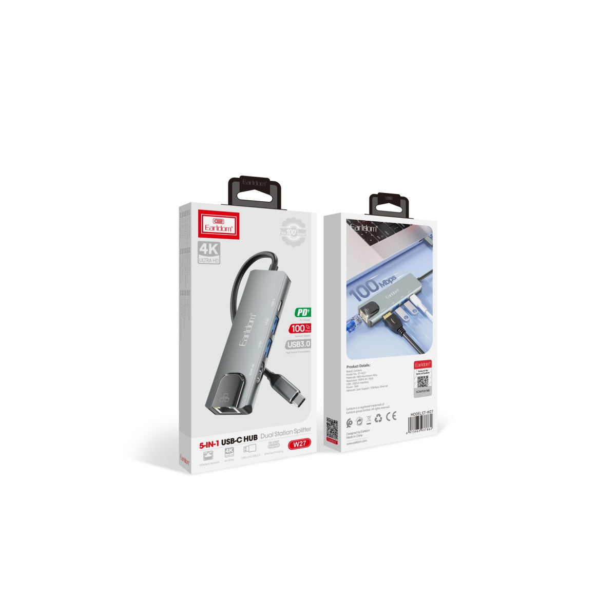 Earldom W27 5in1 1 Adet 4K HDMI / 2 Adet USB / 1 Adet Type-C Çıkışlı / 1 Adet RJ45 100 Mbps Ethernet Çıkışlı Type-C Girişli Hub Dönüştürücü
