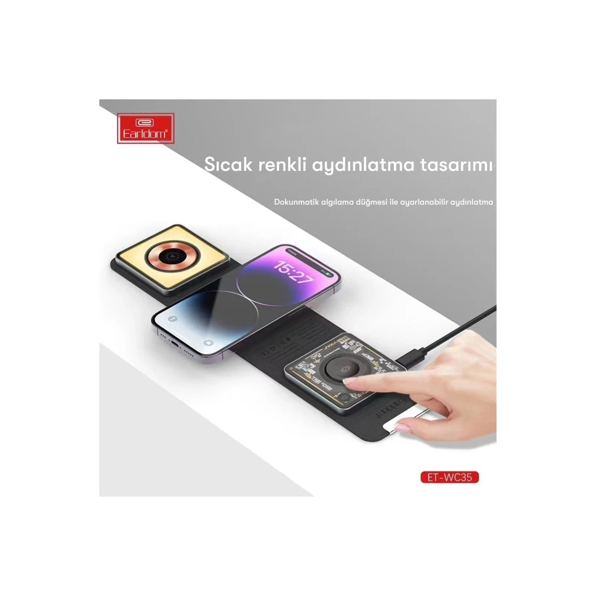 Earldom WC35 3in1 15W Magsafe Katlanabilir Masaüstü Kablosuz Şarj Standı - Siyah