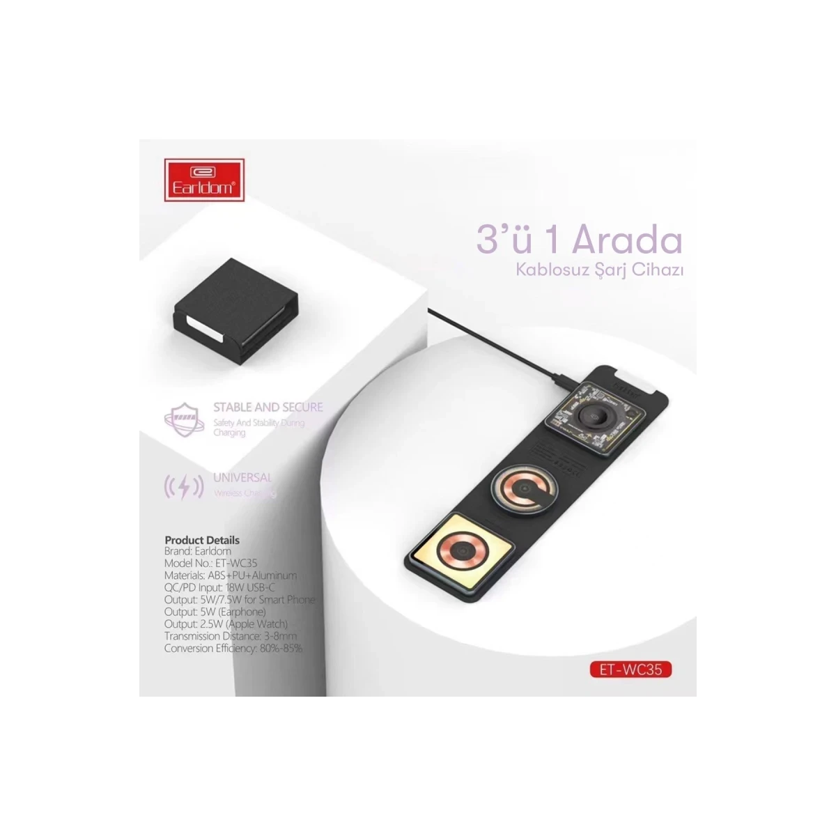 Earldom WC35 3in1 15W Magsafe Katlanabilir Masaüstü Kablosuz Şarj Standı - Siyah