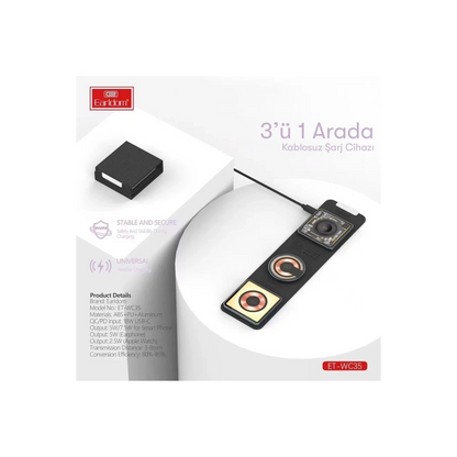 Earldom WC35 3in1 15W Magsafe Katlanabilir Masaüstü Kablosuz Şarj Standı - Siyah
