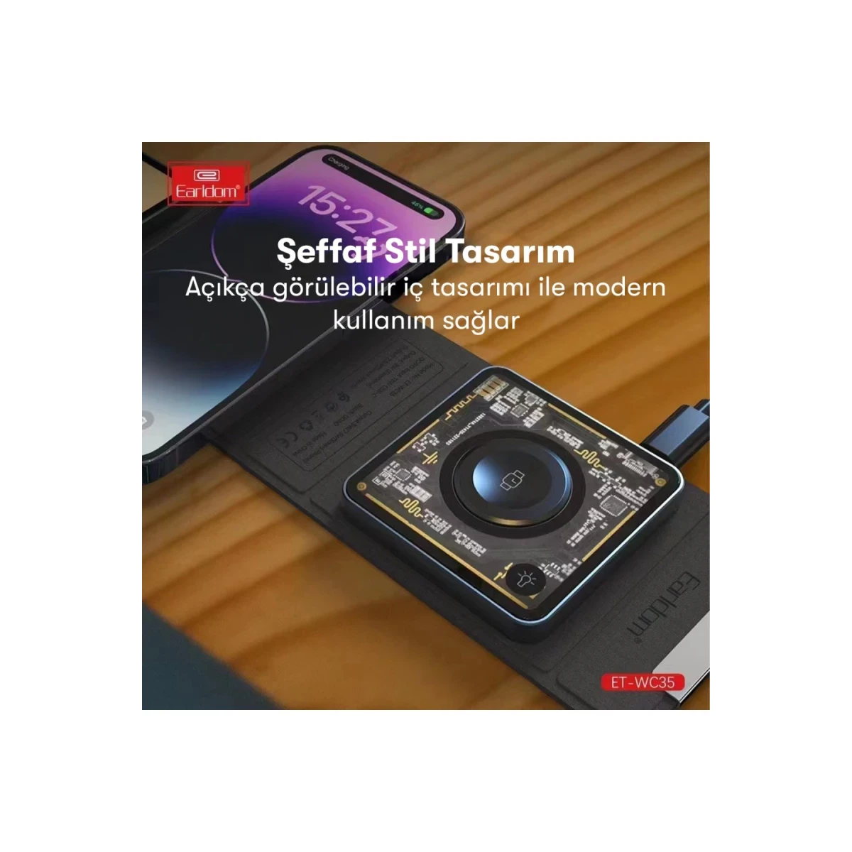 Earldom WC35 3in1 15W Magsafe Katlanabilir Masaüstü Kablosuz Şarj Standı - Siyah
