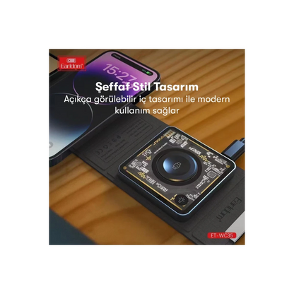 Earldom WC35 3in1 15W Magsafe Katlanabilir Masaüstü Kablosuz Şarj Standı - Siyah