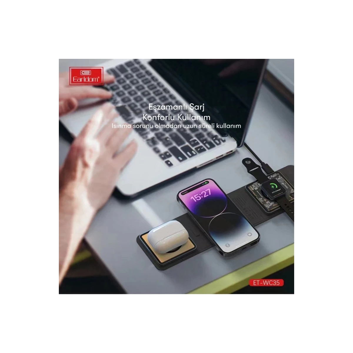 Earldom WC35 3in1 15W Magsafe Katlanabilir Masaüstü Kablosuz Şarj Standı - Siyah