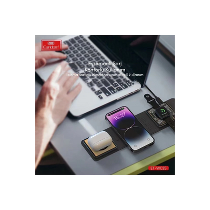 Earldom WC35 3in1 15W Magsafe Katlanabilir Masaüstü Kablosuz Şarj Standı - Siyah