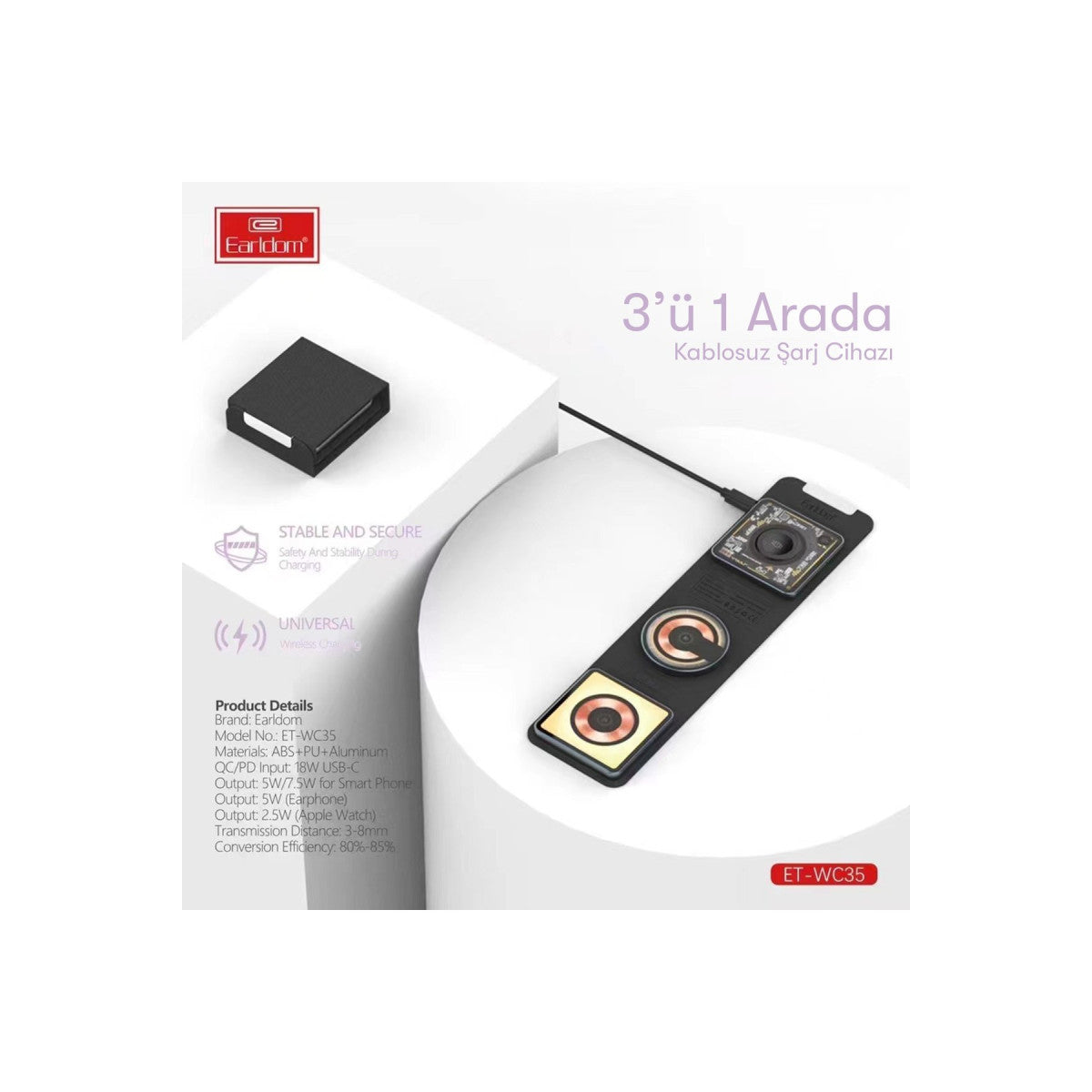 Earldom WC35 3in1 15W Magsafe Katlanabilir Masaüstü Kablosuz Şarj Standı