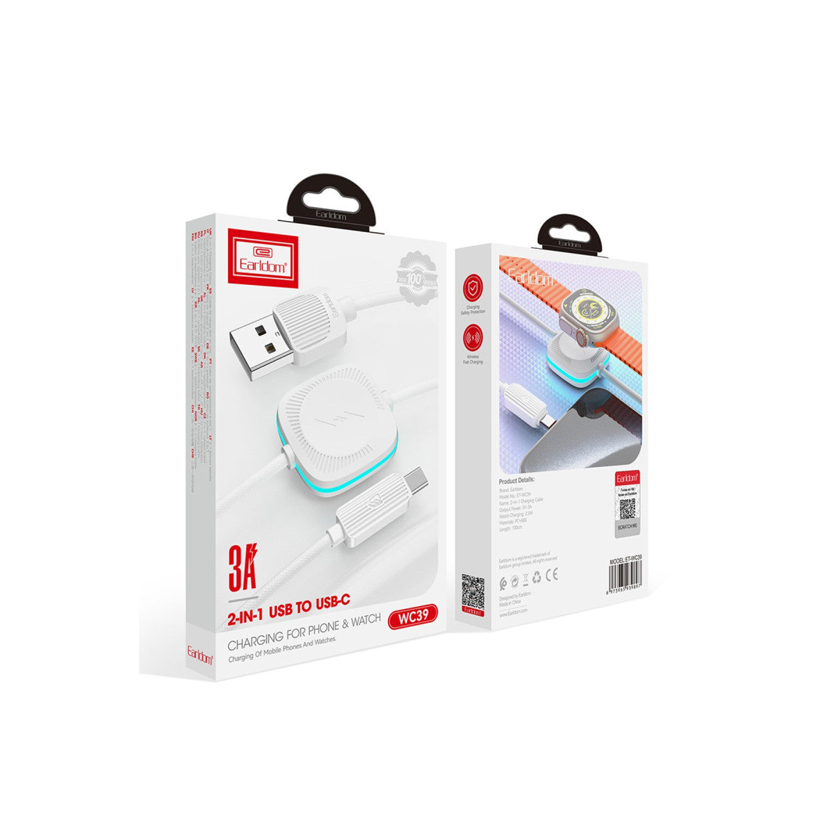 Earldom WC39 1.2M 15W Usb to Type-C ve 2.5W Kablosuz Saat Şarj Çıkışlı 2in1 Hızlı Şarj Kablosu