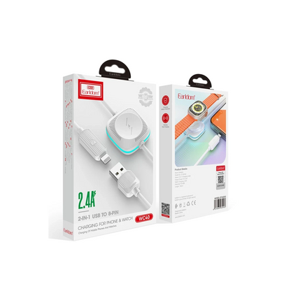 Earldom WC40 1.2M 12W Usb to Lightning ve 2.5W Kablosuz Saat Şarj Çıkışlı 2in1 Hızlı Şarj Kablosu - Beyaz