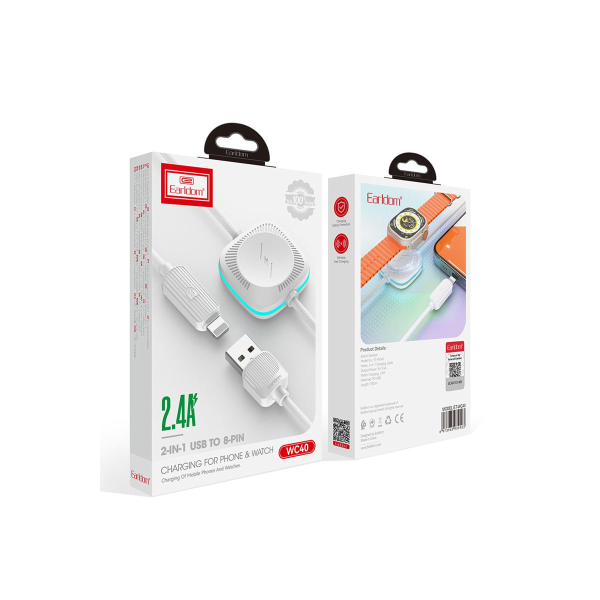 Earldom WC40 1.2M 12W Usb to Lightning ve 2.5W Kablosuz Saat Şarj Çıkışlı 2in1 Hızlı Şarj Kablosu
