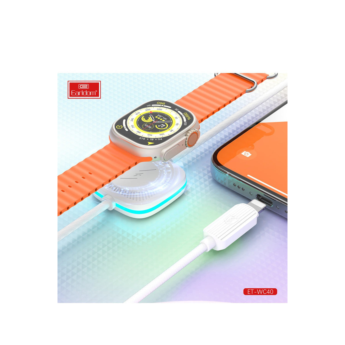 Earldom WC40 1.2M 12W Usb to Lightning ve 2.5W Kablosuz Saat Şarj Çıkışlı 2in1 Hızlı Şarj Kablosu