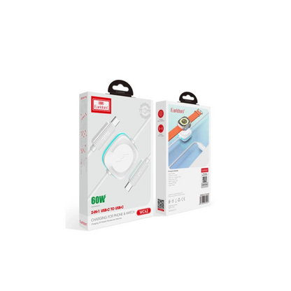 Earldom WC42 1.2M 60W Type-C to Type-C ve 2.5W Kablosuz Saat Şarj Çıkışlı 2in1 PD Hızlı Şarj Kablosu - Beyaz