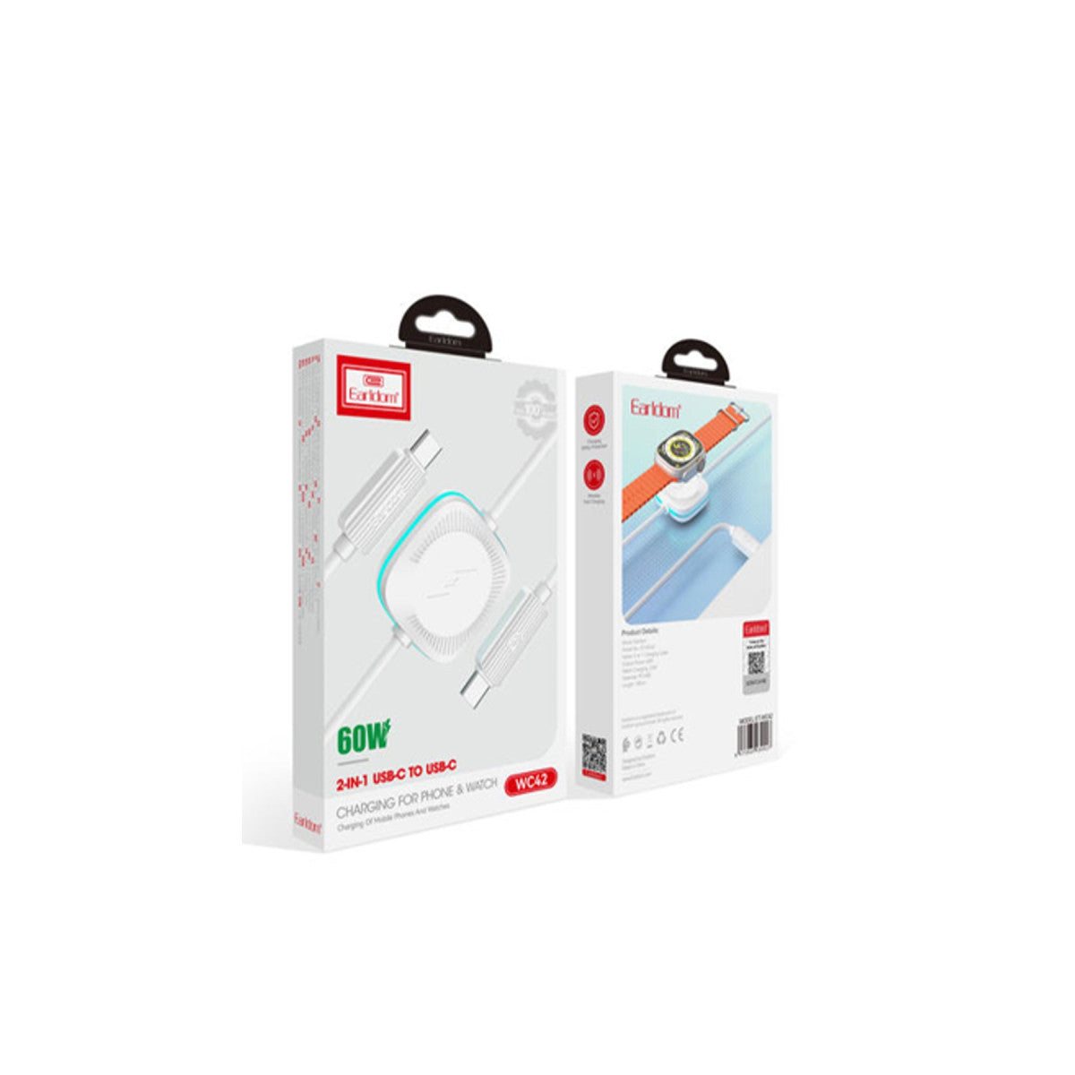 Earldom WC42 1.2M 60W Type-C to Type-C ve 2.5W Kablosuz Saat Şarj Çıkışlı 2in1 PD Hızlı Şarj Kablosu