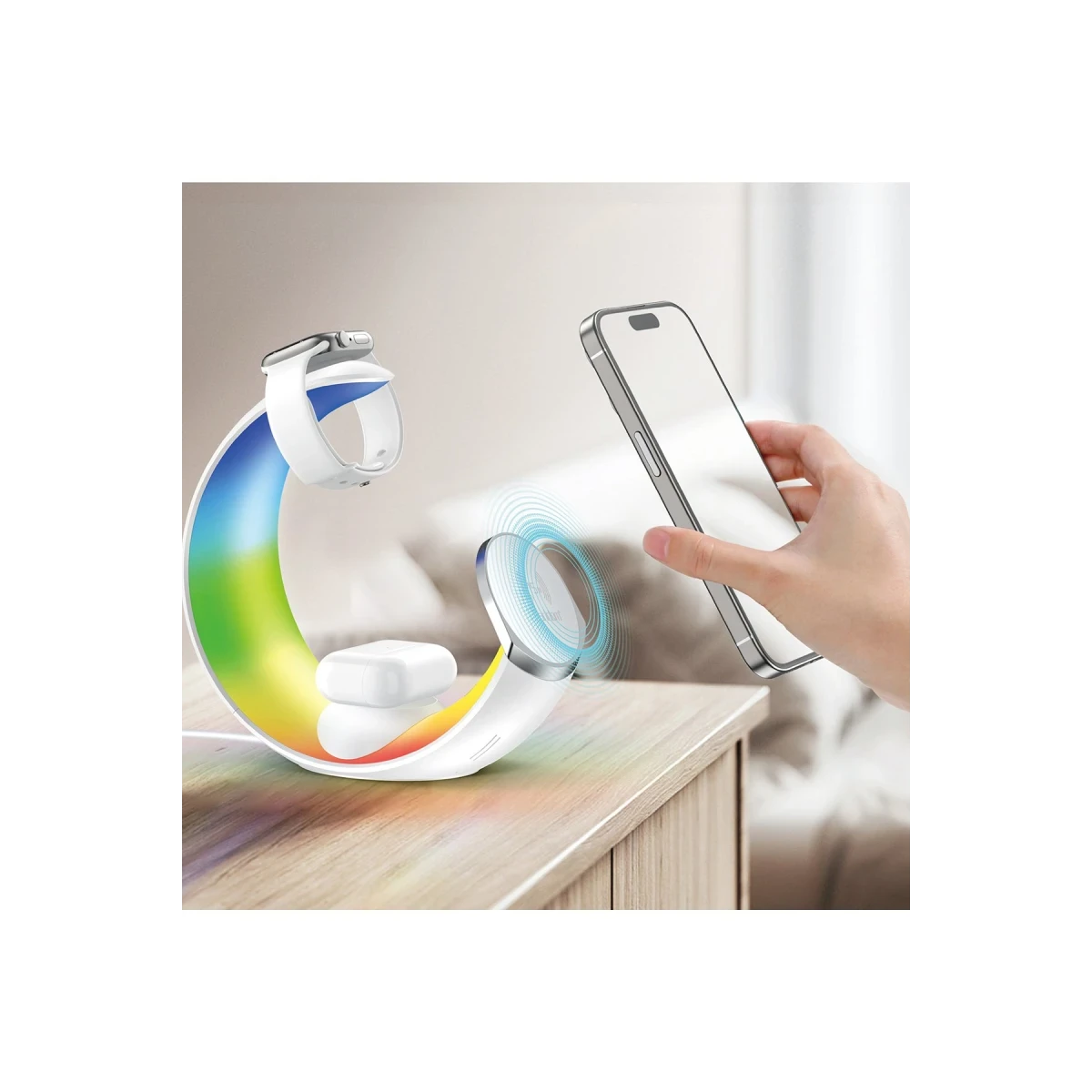 Earldom WC55 4in1 15W Telefon Saat ve Airpods İçin RGB Kablosuz Şarj Standı - Beyaz