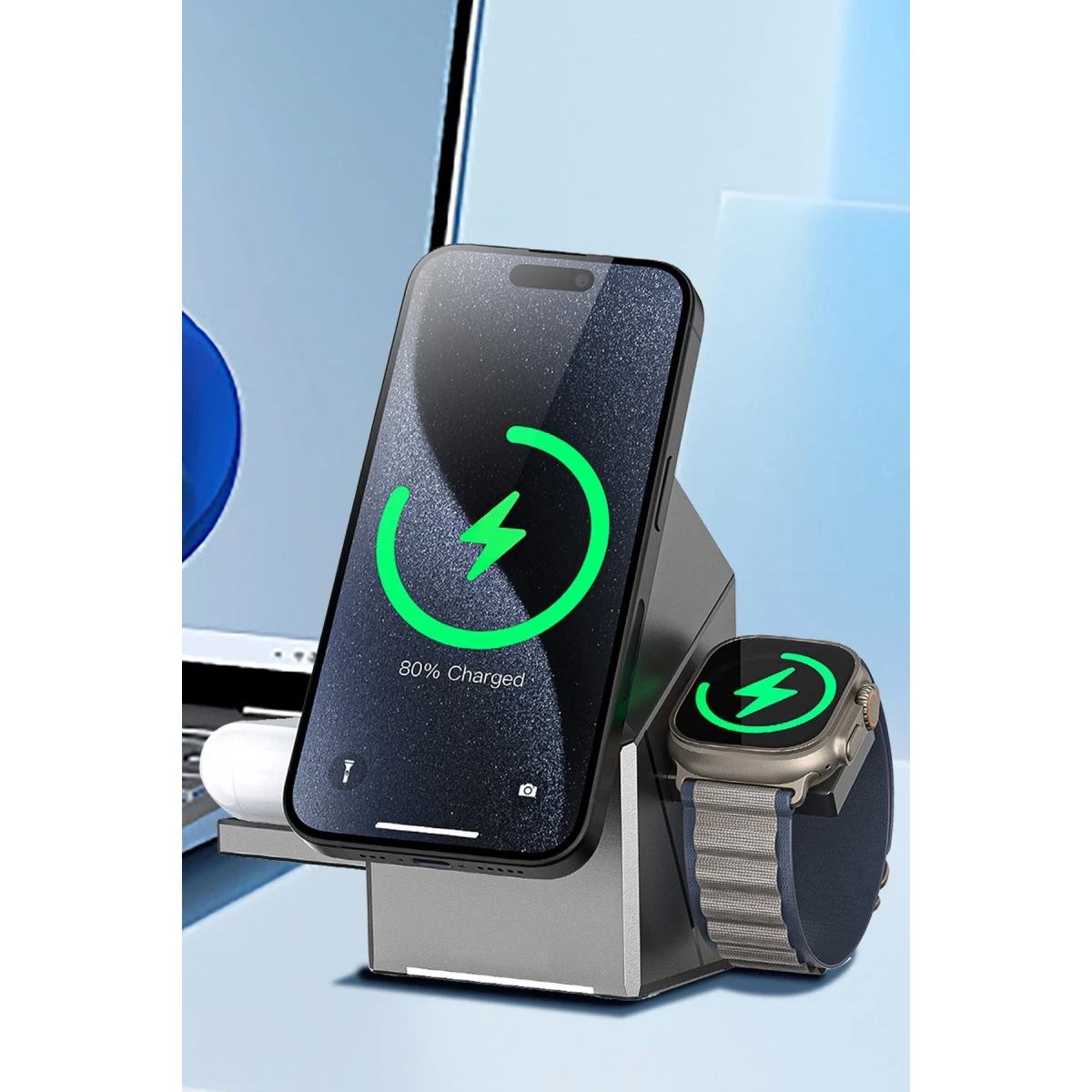 Earldom WC65 3in1 15W Telefon 2.5W Saat ve 5W Airpods İçin Kablosuz Şarj Standı - Gri