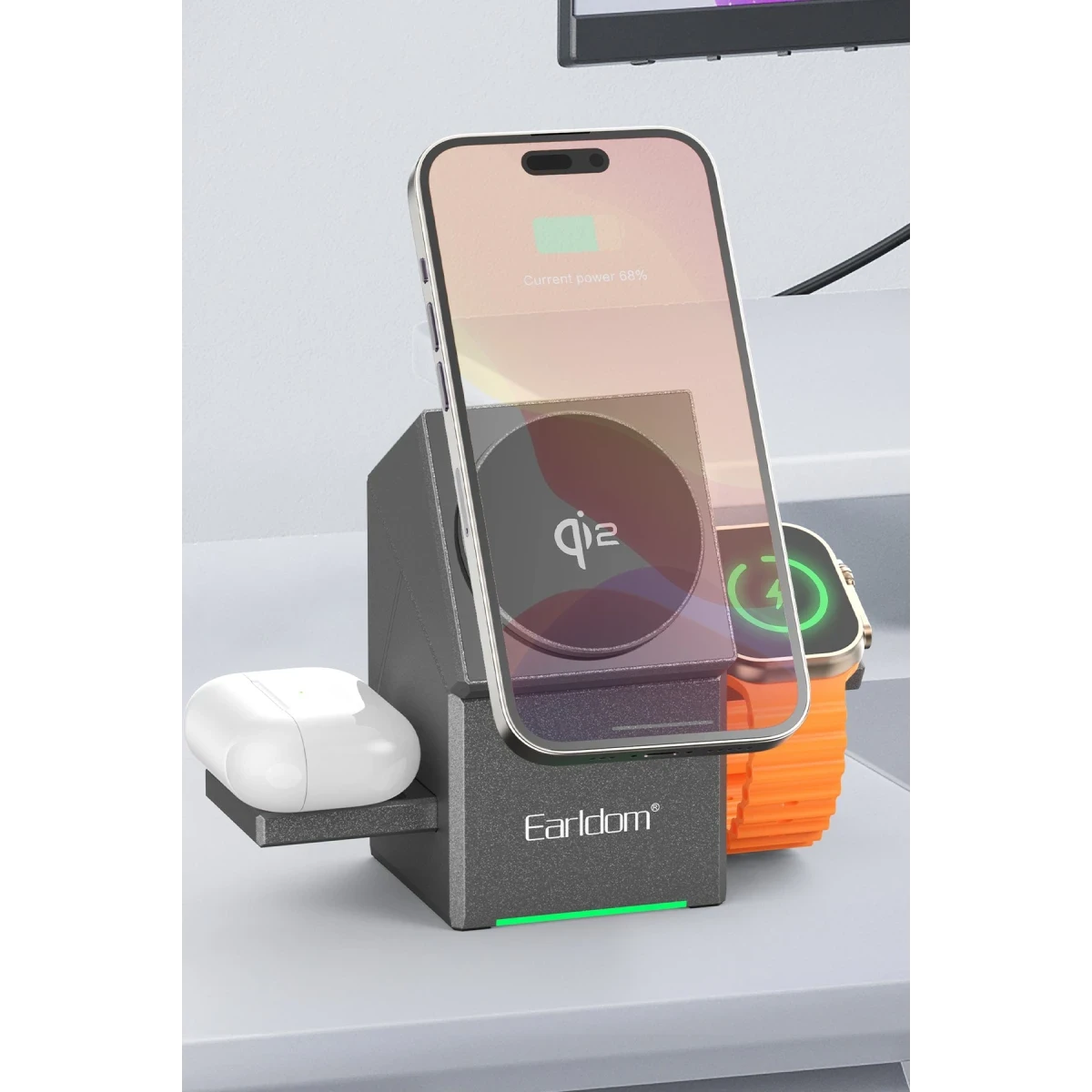 Earldom WC65 3in1 15W Telefon 2.5W Saat ve 5W Airpods İçin Kablosuz Şarj Standı - Gri