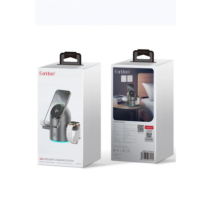 Earldom WC76 3in1 15W Telefon 2.5W Saat ve 5W Airpods İçin Dönebilen Kablosuz Şarj Standı - Gri