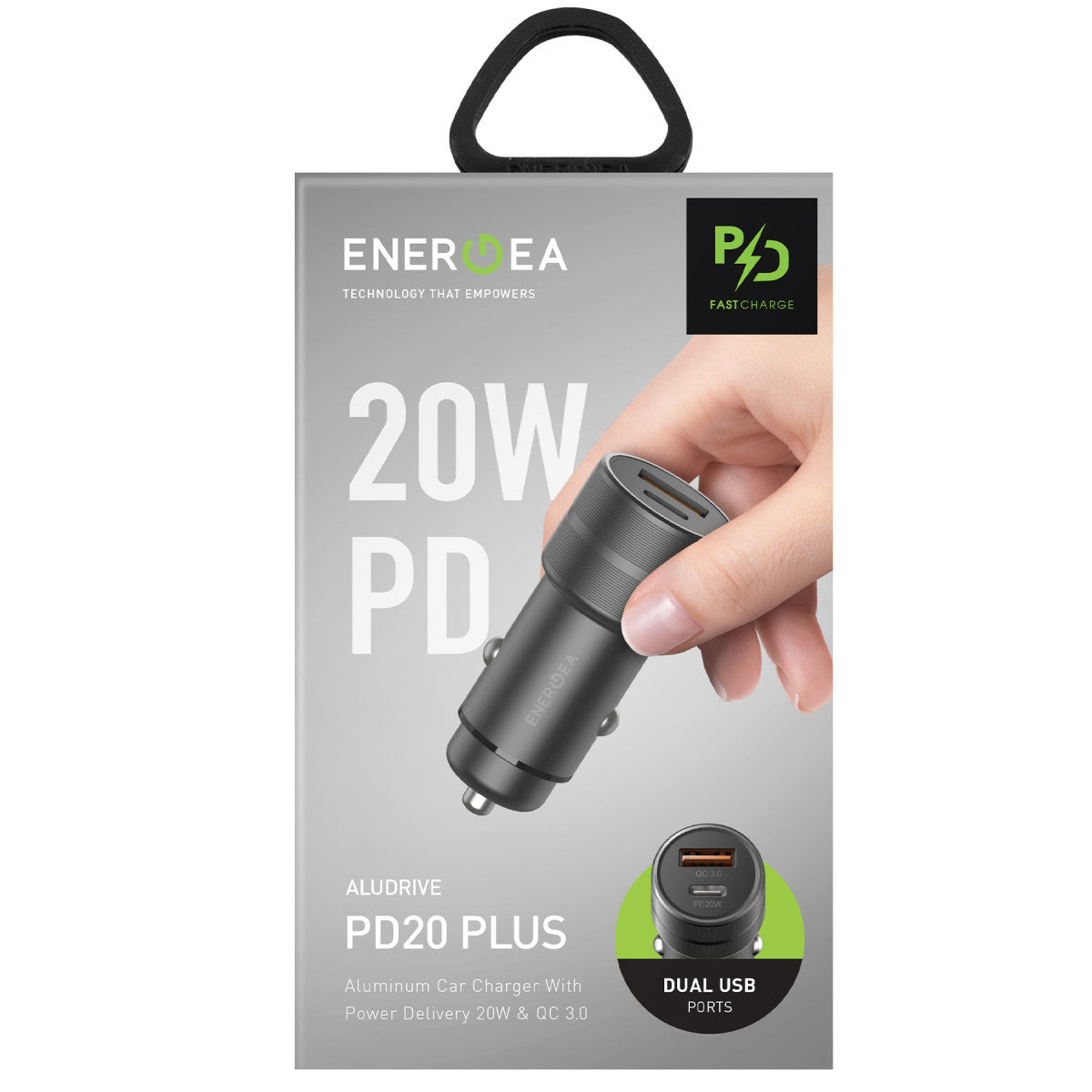 Energea AluDrive 38W 20W Type-C ve 18W USB 3.0 Çıkışlı Alüminyum Araç İçi Şarj Aleti