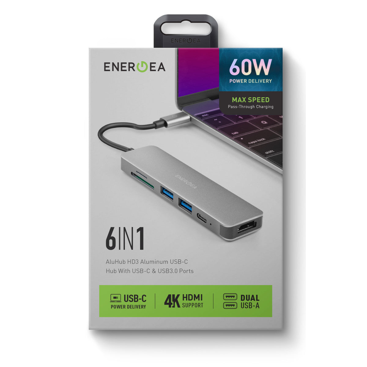 Energea AluHub HD3 60W Type-C PD Şarj Destekli 6in1 4K Hub Dönüştürücü