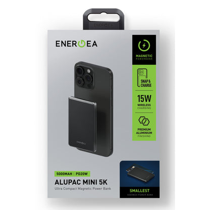 Energea AluPac Mini 5K 5.000 mAh 20W Type-C ve 15W Kablosuz Şarj Çıkışlı PD Hızlı Şarj Magsafe Powerbank