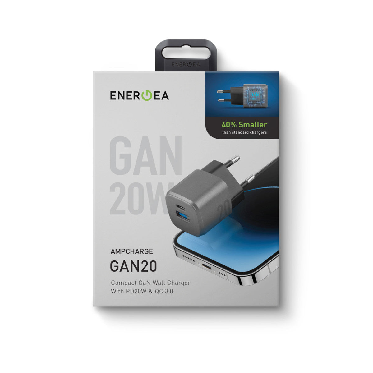 Energea AmpCharge GaN20 20W Type-C ve 18W USB 3.0 Çıkışlı Hızlı Şarj Aleti