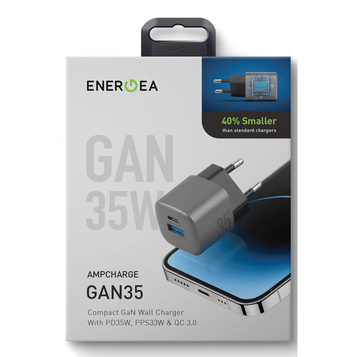 Energea AmpCharge GaN35 35W Type-C ve 30W USB 3.0 Çıkışlı Hızlı Şarj Aleti