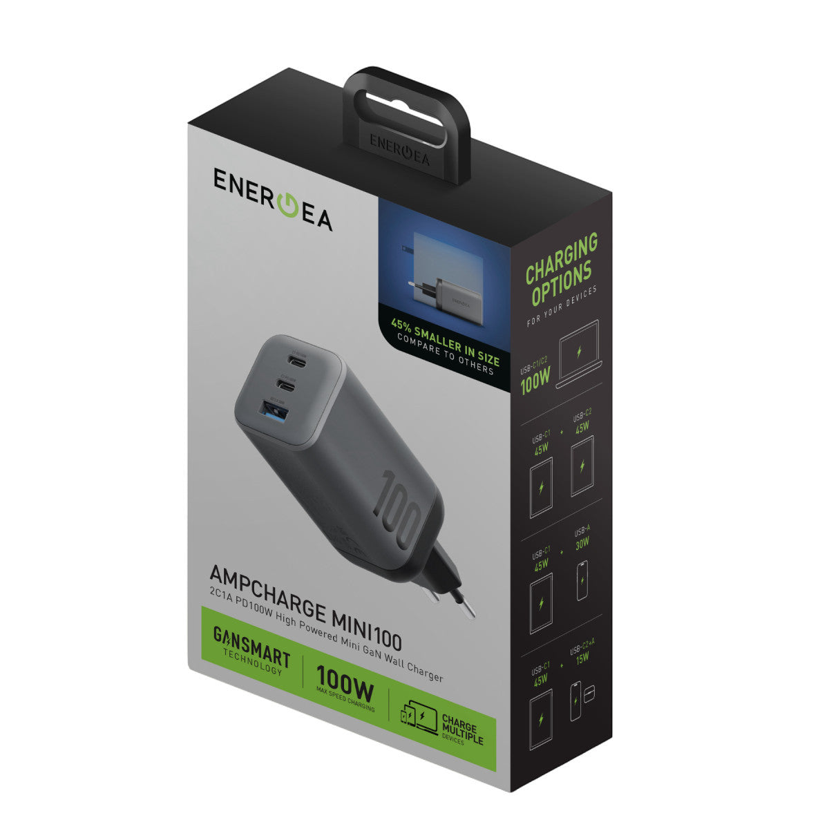 Energea AmpCharge Mini 100 2 Adet 100W Type-C ve 1 Adet 30W USB Çıkışlı PD PPS QC 3.0 GaN Hızlı Şarj Aleti