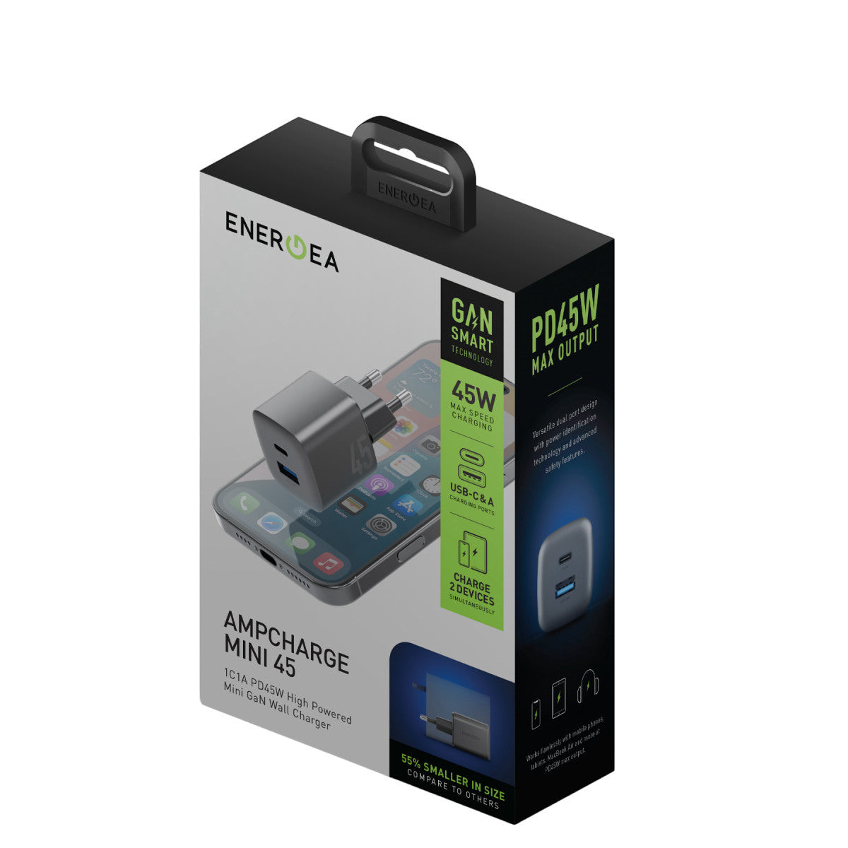 Energea AmpCharge Mini 45 1 Adet 45W Type-C ve 30W USB Çıkışlı PD PPS QC 3.0 GaN Hızlı Şarj Aleti