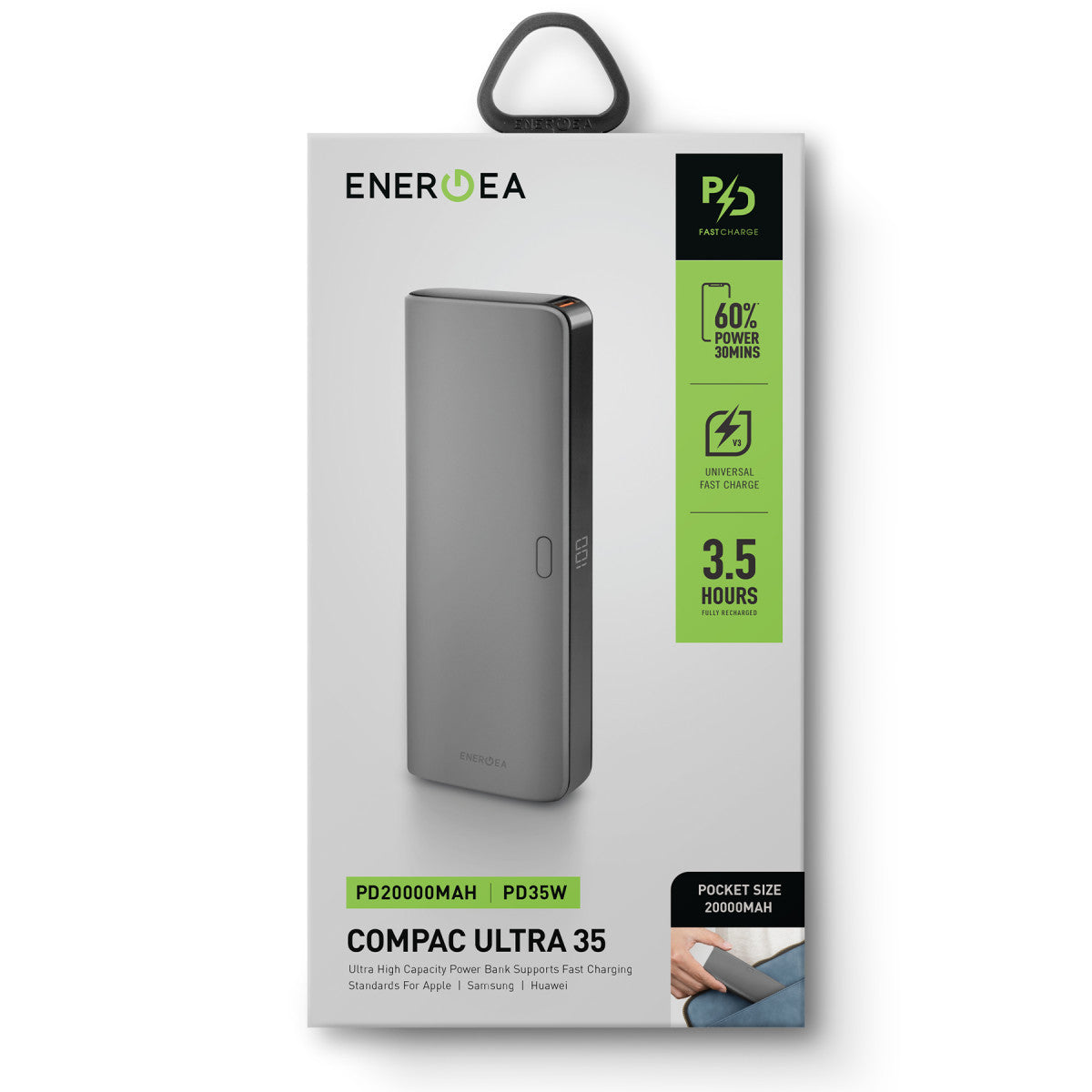 Energea ComPac Ultra 35 20.000 mAh Dijital Göstergeli 35W Type-C Çıkışlı 22.5W USB Çıkışlı PD Hızlı Şarj Powerbank
