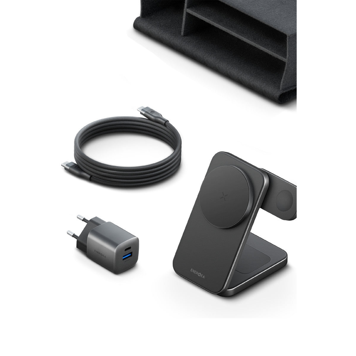 Energea Essential Kit AmpCharge GaN 35W Adaptör Magtrio Plus 3in1 Kablosuz Şarj Standı ve 100W Type-C to Type-C Manyetik Kablolu Set Travel Çanta