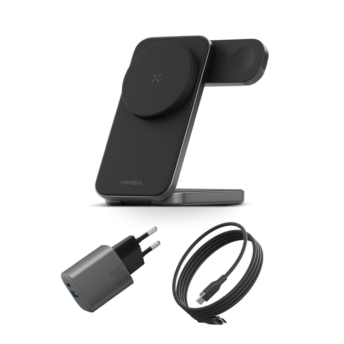 Energea Essential Kit AmpCharge GaN 35W Adaptör Magtrio Plus 3in1 Kablosuz Şarj Standı ve 100W Type-C to Type-C Manyetik Kablolu Set Travel Çanta