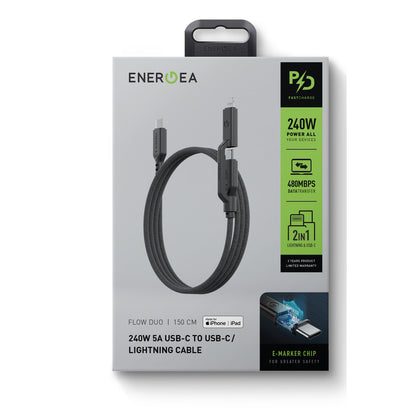 Energea Flow Duo 2in1 1.5M 240W Type-C to Type-C ve Lightning PD Hızlı Şarj Kablo