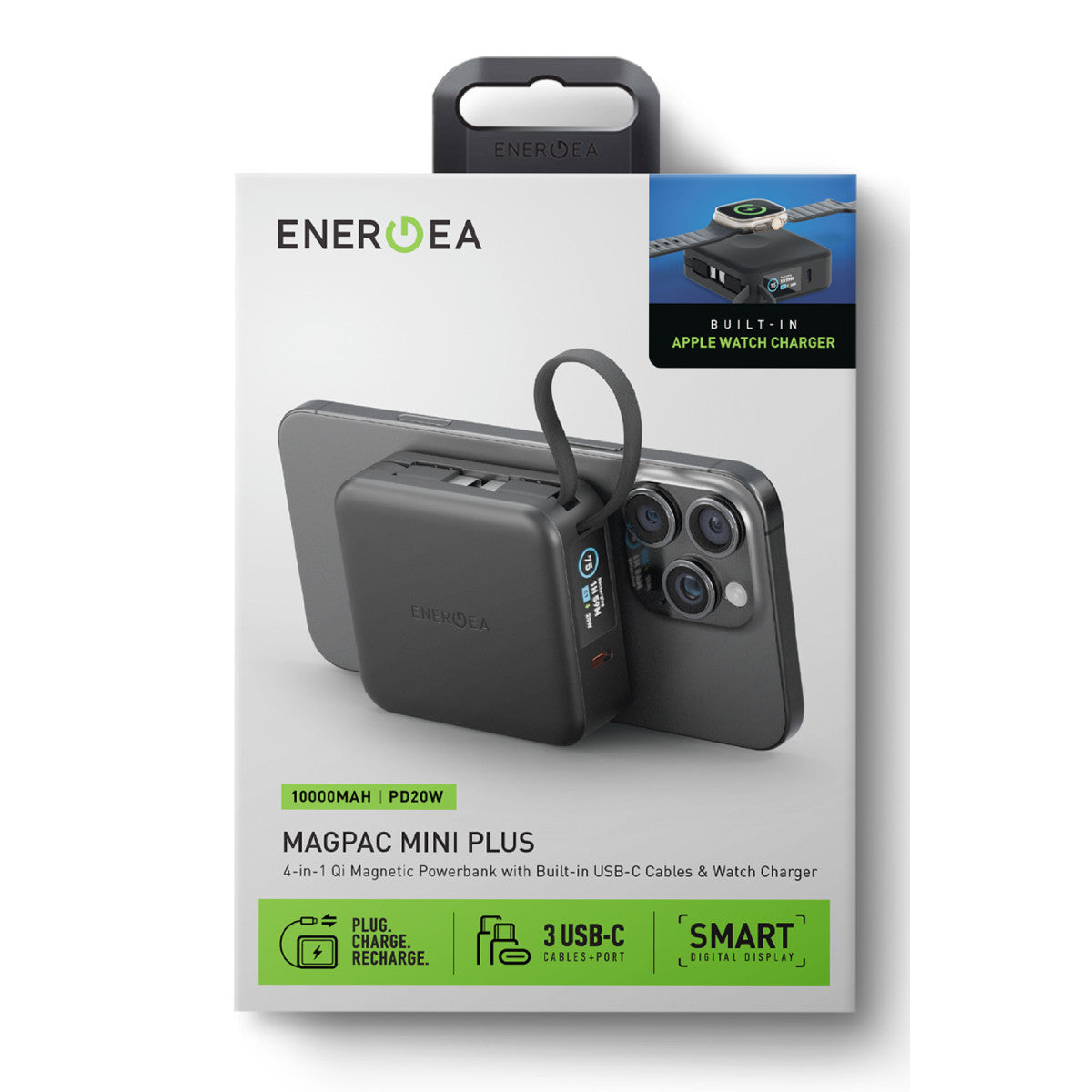 Energea MagPac Mini Plus Dijital Göstergeli 10.000 mAh 2 Adet 20W Type-C Kablolu 1 Adet 20W Type-C ve 15W Kablosuz Şarj Çıkışlı PD Hızlı Şarj Magsafe Powerbank