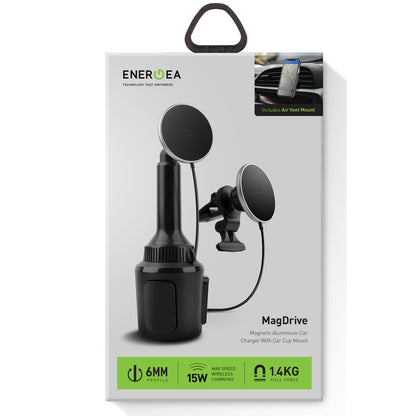 Energea MagDrive 2in1 Izgara Klipsli ve Bardaklık Bölgesine Takma Aparatlı 15W Kablosuz Şarjlı Manyetik Magsafe Araç Tutucu