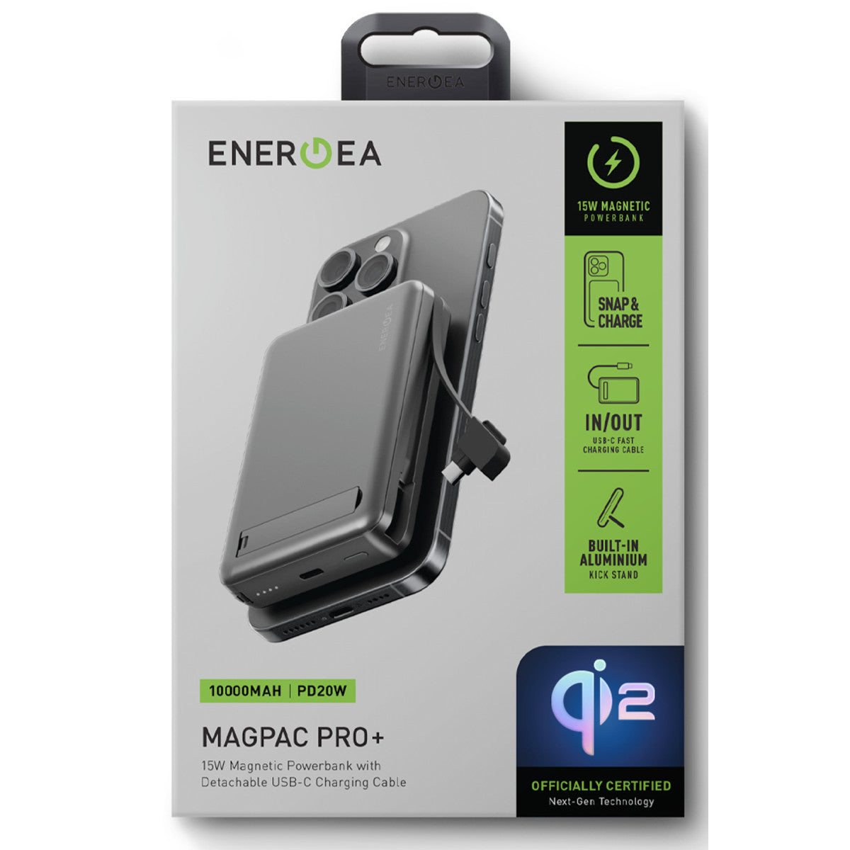 Energea MagPac Pro Plus 10.000 mAh 1 Adet 20W Type-C 1 Adet 20W Type-C Kablo ve 15W Kablosuz Şarj Çıkışlı PD Hızlı Şarj Magsafe Powerbank