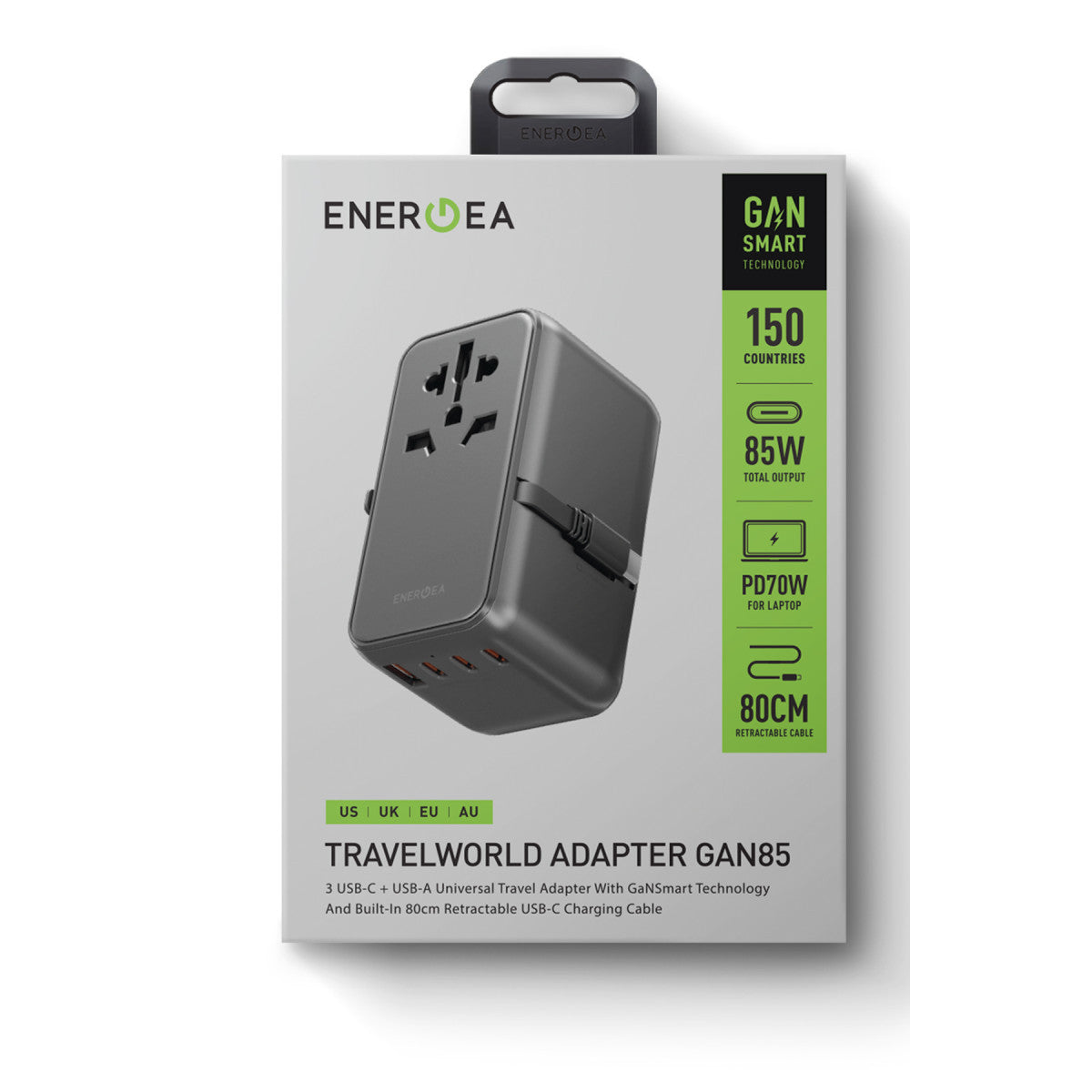 Energea TravelWorld Universal GaN85 3 Adet 70W Type-C 1 Adet 70W 80 CM Dahili Type-C Kablolu ve 1 Adet 60W USB 3.0 Çıkışlı PD Hızlı Şarj Aleti
