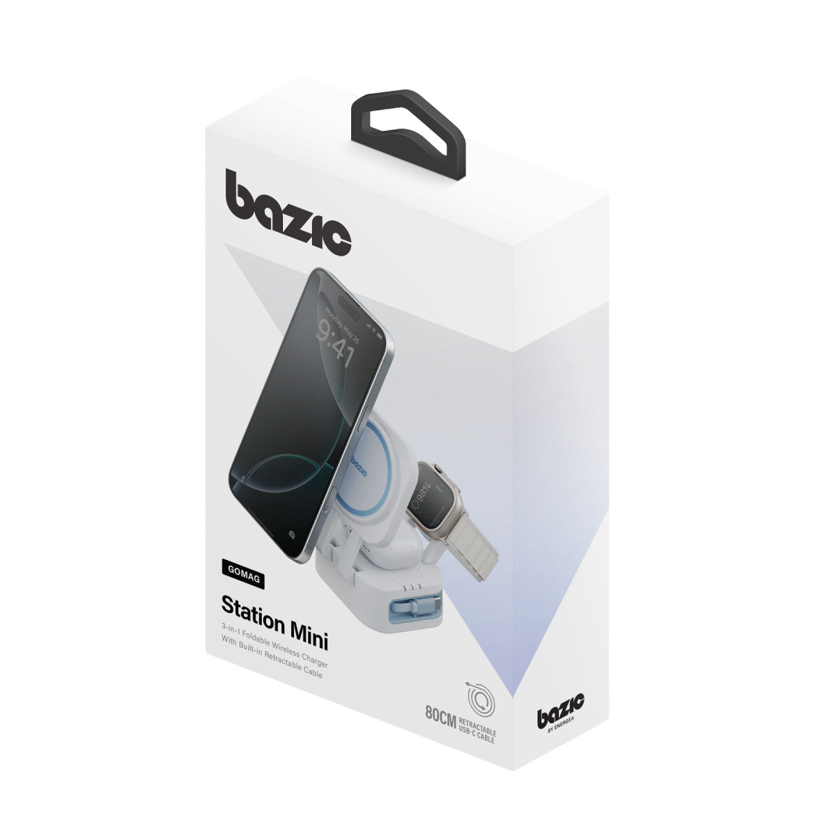 Energea X Bazic GoMag Station Mini 3in1 Katlanabilir 80cm Dahili Kablolu 15W Telefon Saat Masaüstü Hızlı Şarj Standı