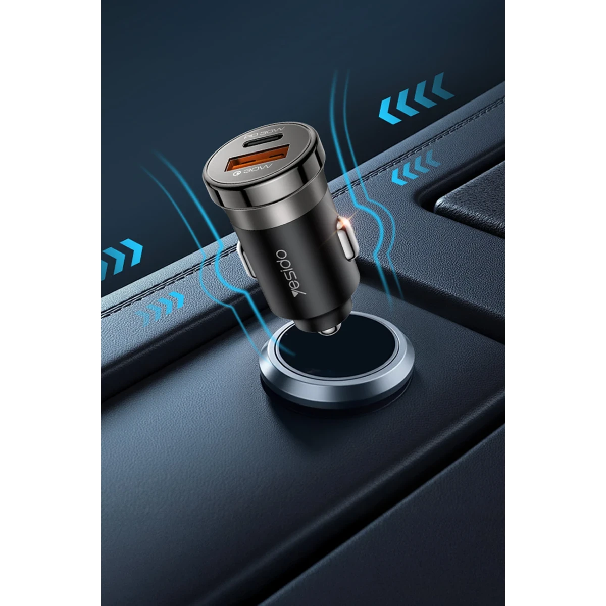 Yesido Y72 1 Adet 30W Type C ve 1 Adet 30W USB Çıkışlı PD Hızlı Araç Şarj Cihazı - Siyah