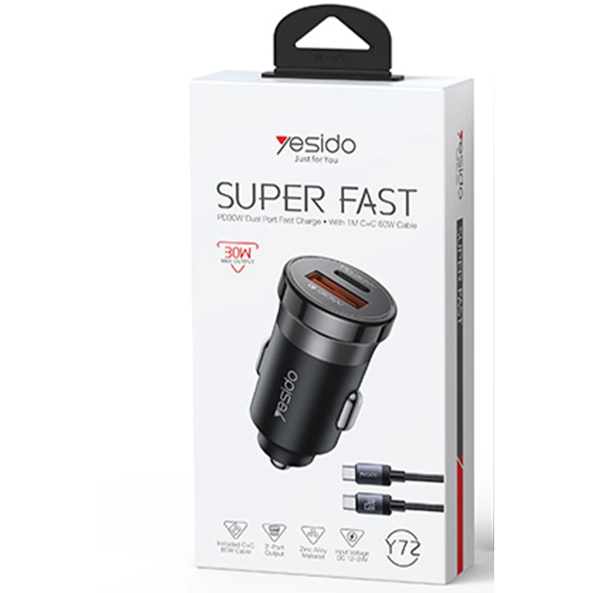 Yesido Y72 1 Adet 30W Type C ve 1 Adet 30W USB Çıkışlı PD Hızlı Araç Şarj Cihazı - Siyah